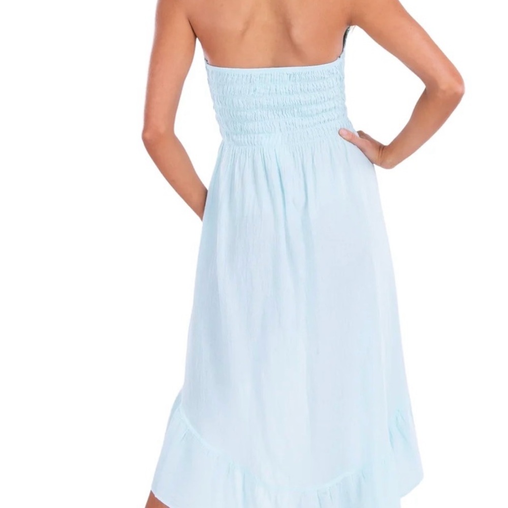 Cotton Natural Baby Blue Halter Dress – Hi-Low Lace Trim (Size Medium) - Picture 2 of 6
